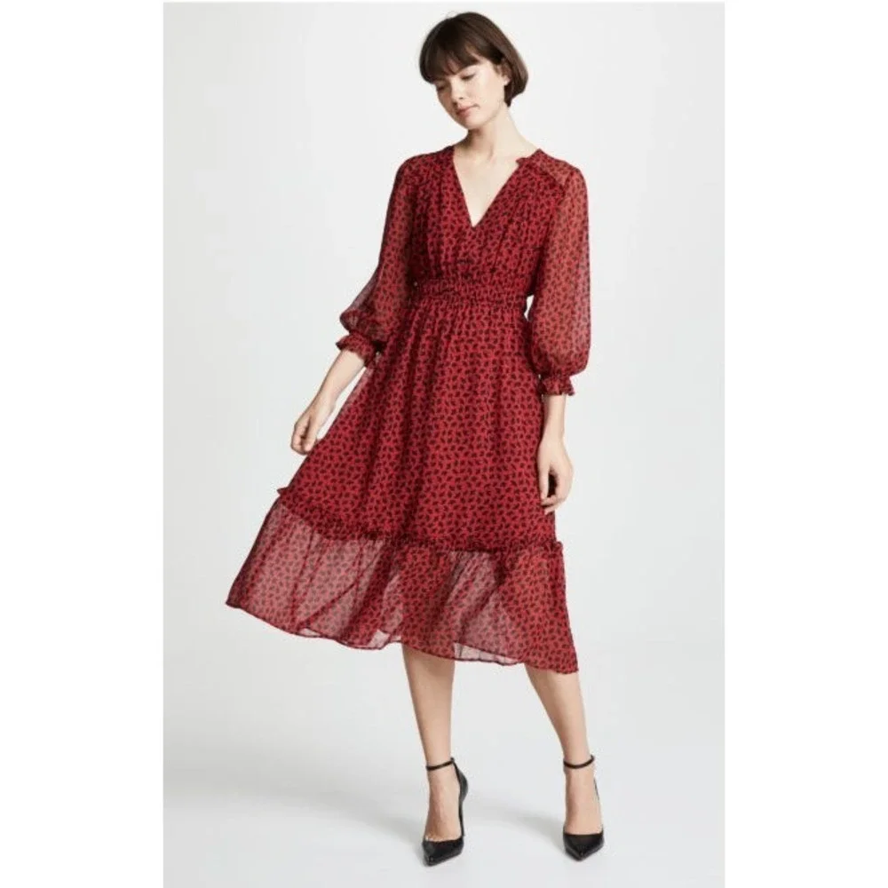 Shoshanna Eden Red Ginkgo Silk Chiffon Midi Dress - Picture 1 of 9